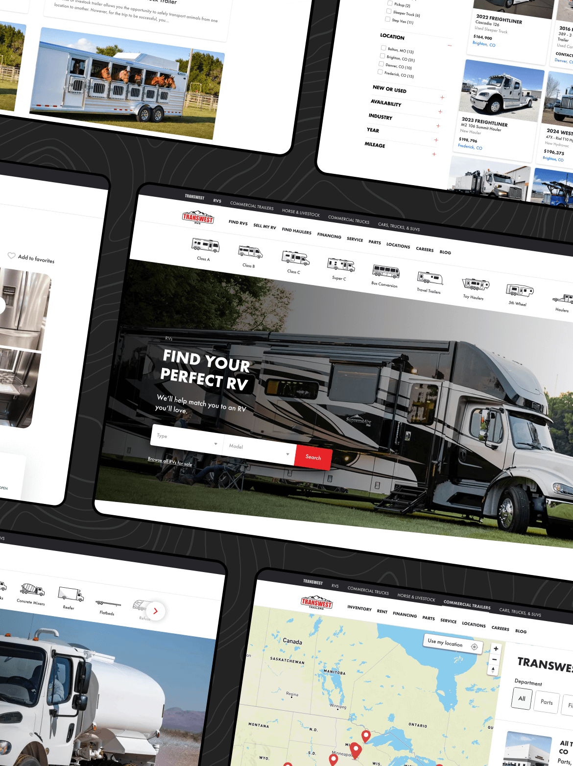 Pictures of different screens designed for transwest
